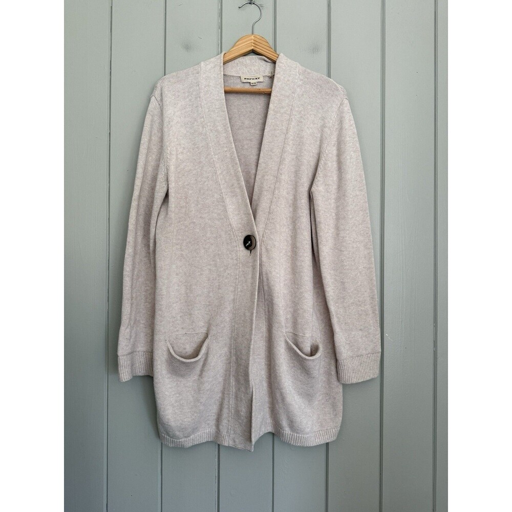 Repeat Knit Cardigan Sweater XS Beige Cotton Button Front Longline Pockets